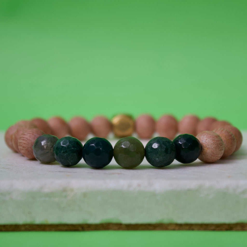 Faceted Moss Agate Gemstone Beads, Rosewood, and Brass Accent Essential Oil Diffuser Bracelet