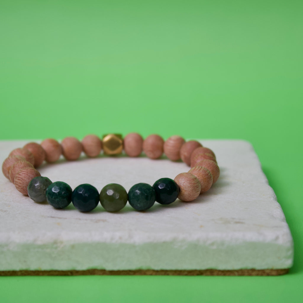 Faceted Moss Agate Gemstone Beads, Rosewood, and Brass Accent Essential Oil Diffuser Bracelet