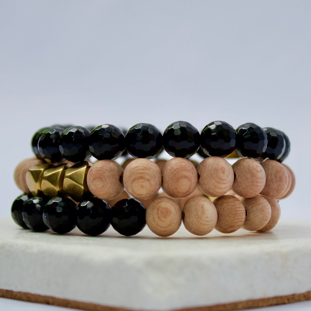 Faceted Black Onyx Gemstone Beads, Rosewood, and Brass Accent Essential Oil Diffuser Bracelets