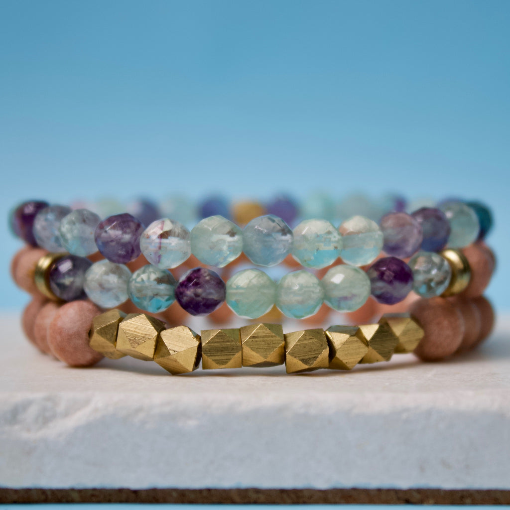 Faceted Fluorite Gemstone Beads, Rosewood, and Brass Accent Essential Oil Diffuser Bracelets