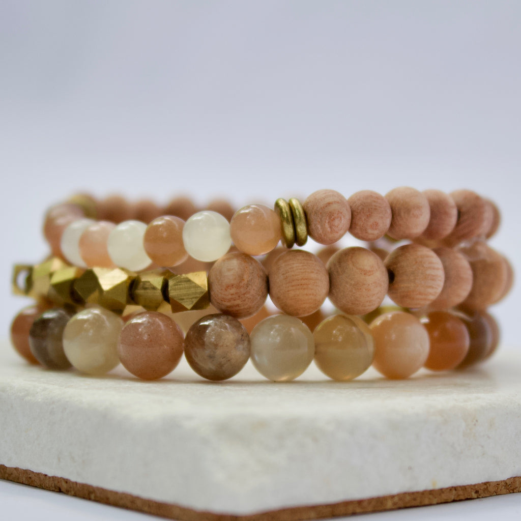 Multicolor Moonstone Gemstone Beads, Rosewood, and Brass Accent Essential Oil Diffuser Bracelets
