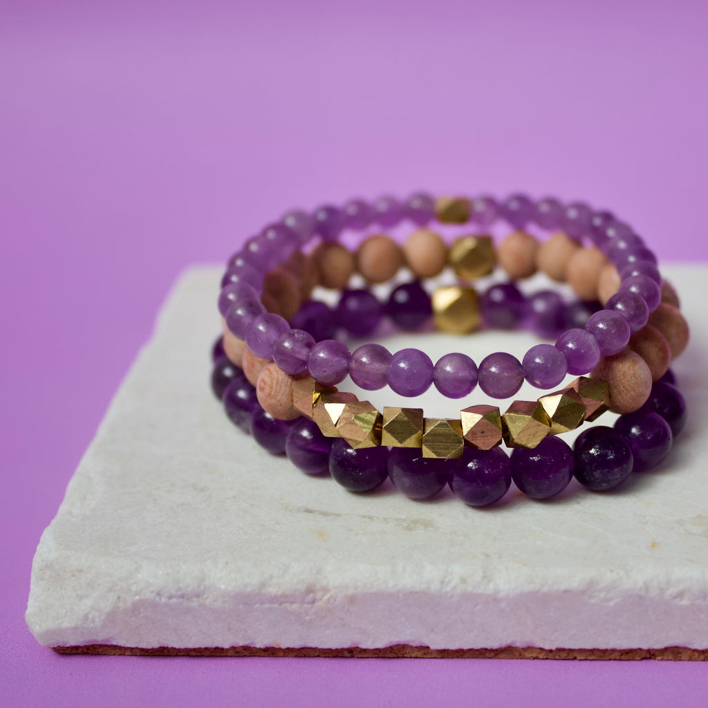Amethyst Gemstone Beads, Rosewood, and Brass Accent Essential Oil Diffuser Bracelets