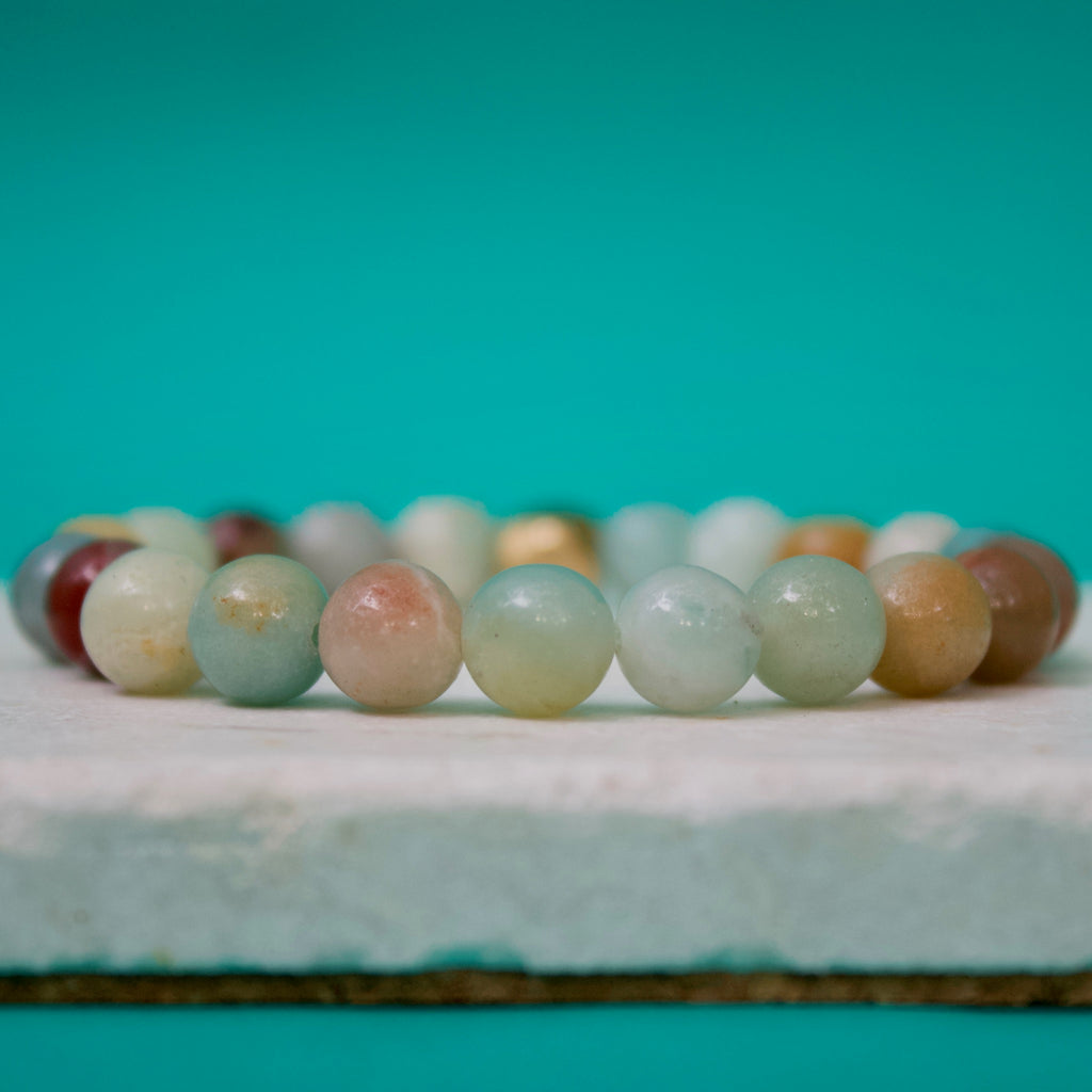 Multicolor Amazonite Gemstone Beads, Rosewood, and Brass Accent Essential Oil Diffuser Bracelet
