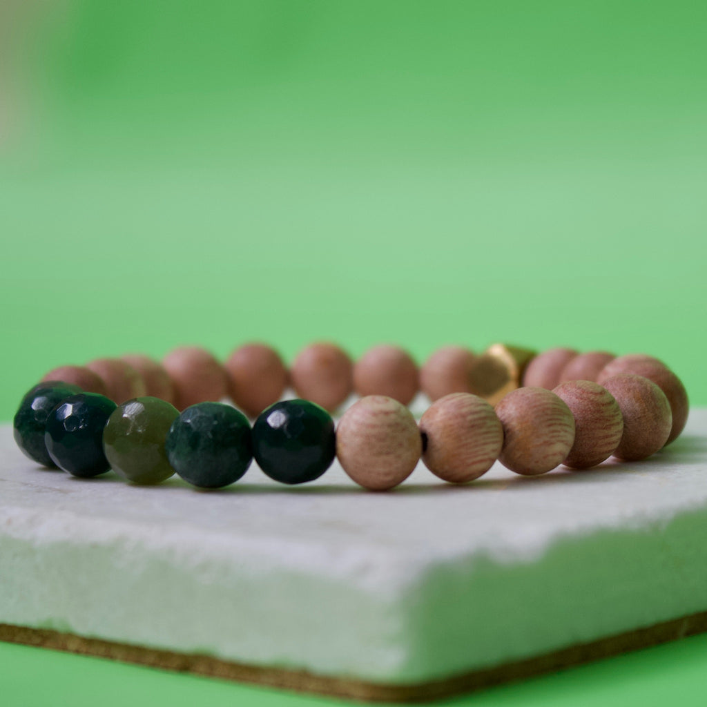 Faceted Moss Agate Gemstone Beads, Rosewood, and Brass Accent Essential Oil Diffuser Bracelet