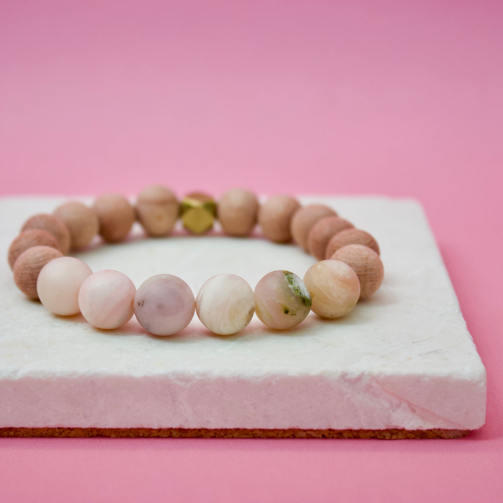 Matte Pink Opal Gemstone Beads, Rosewood, and Brass Accent Essential Oil Diffuser Bracelet