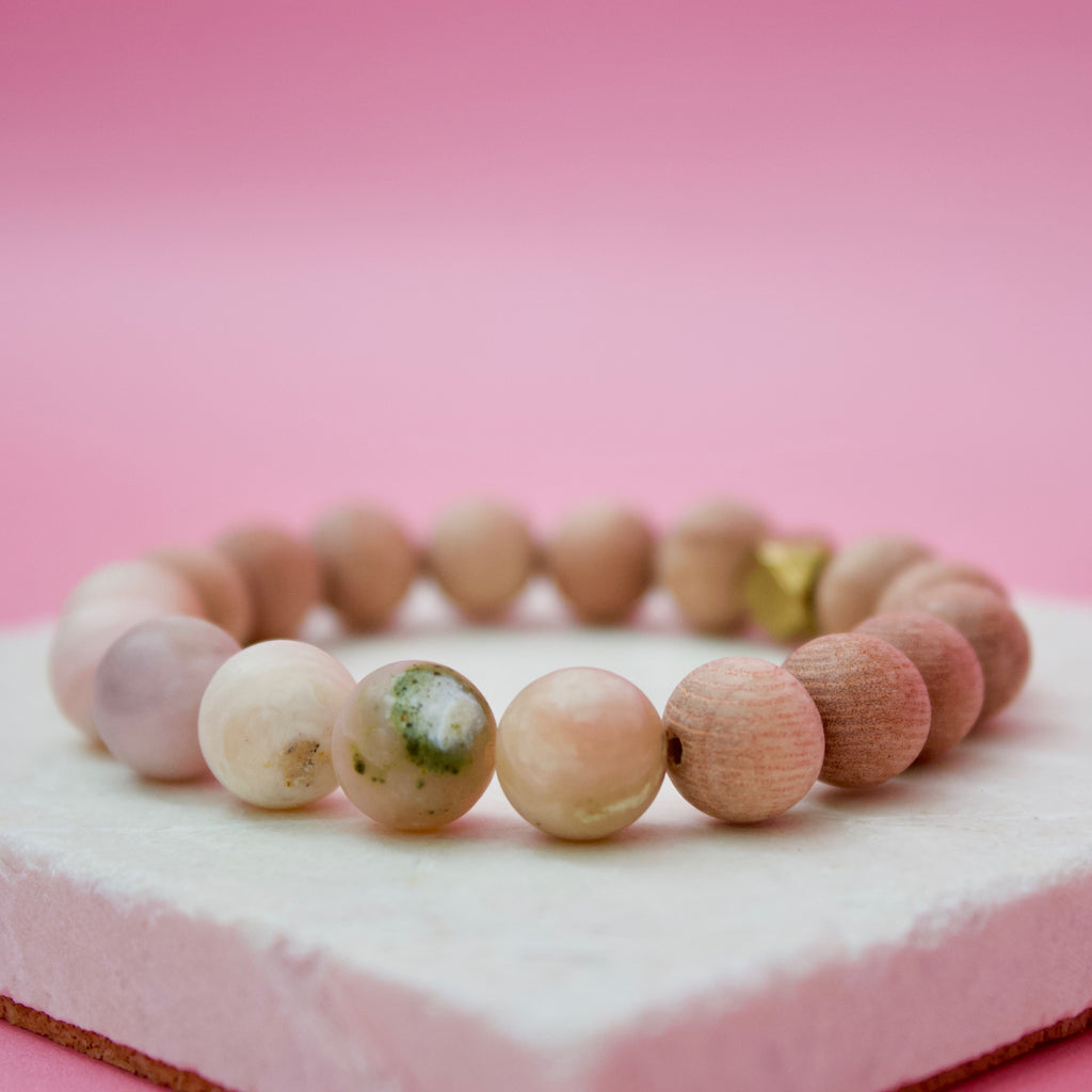 Matte Pink Opal Gemstone Beads, Rosewood, and Brass Accent Essential Oil Diffuser Bracelet