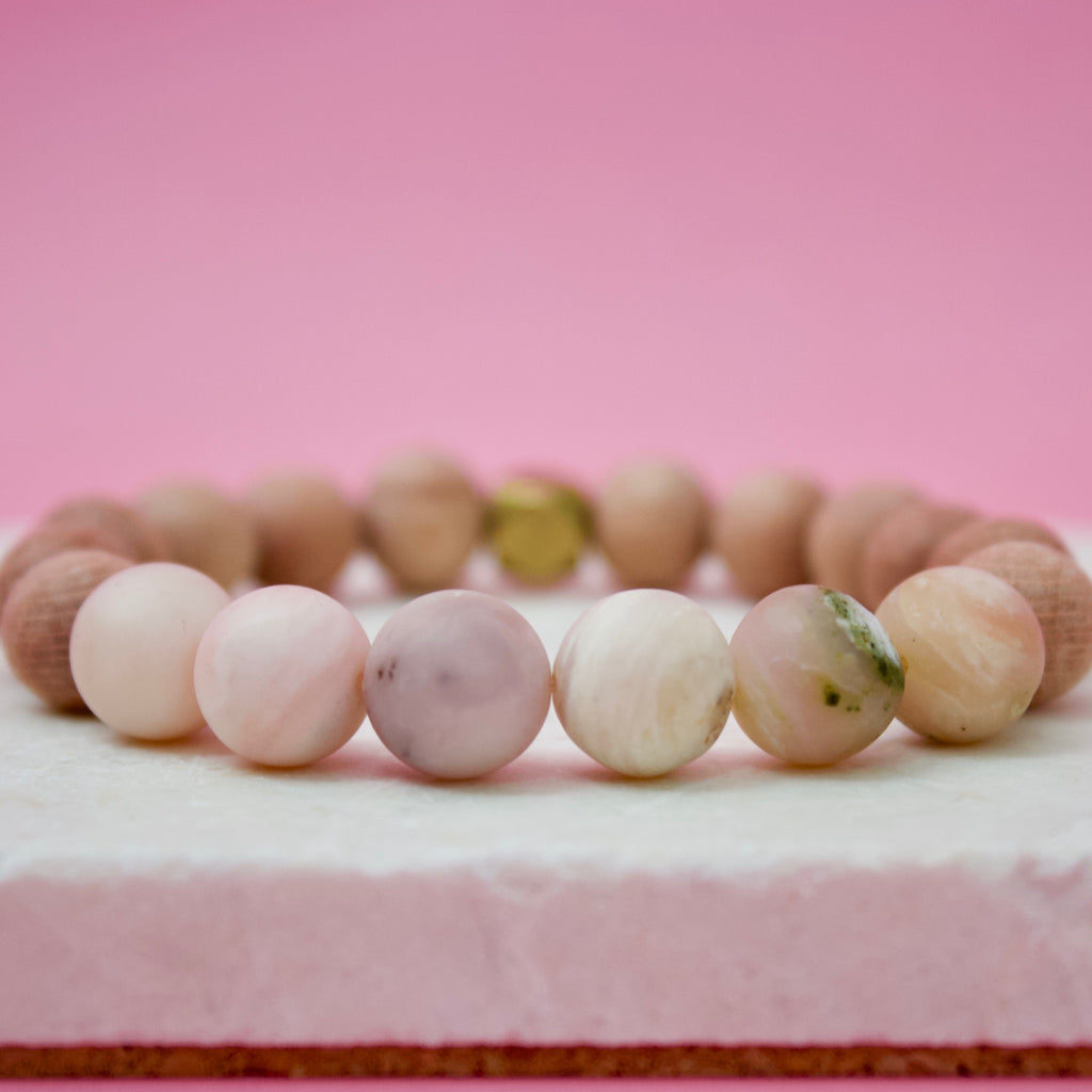 Matte Pink Opal Gemstone Beads, Rosewood, and Brass Accent Essential Oil Diffuser Bracelet