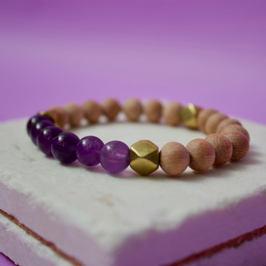 Amethyst Gemstone Beads, Rosewood, and Brass Accent Essential Oil Diffuser Bracelet