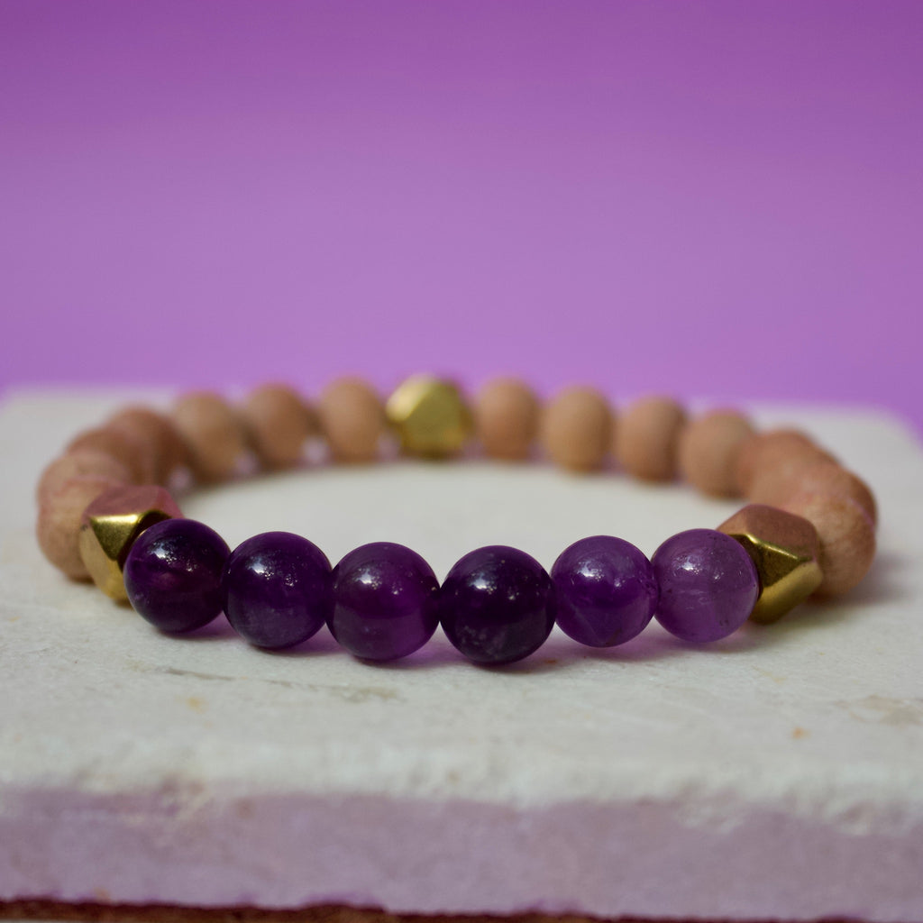 Amethyst Gemstone Beads, Rosewood, and Brass Accent Essential Oil Diffuser Bracelet