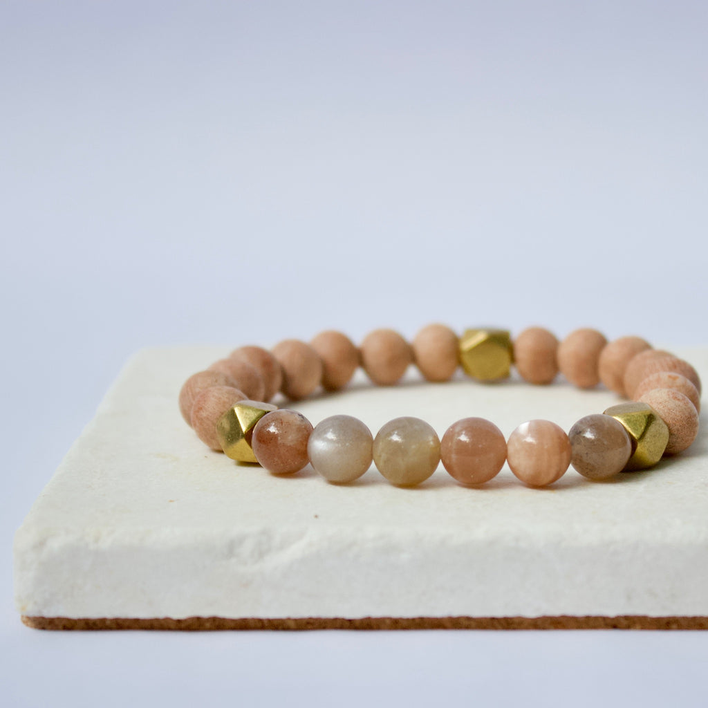 Multicolor Moonstone Gemstone Beads, Rosewood, and Brass Accent Essential Oil Diffuser Bracelet