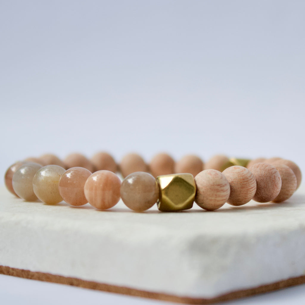 Multicolor Moonstone Gemstone Beads, Rosewood, and Brass Accent Essential Oil Diffuser Bracelet