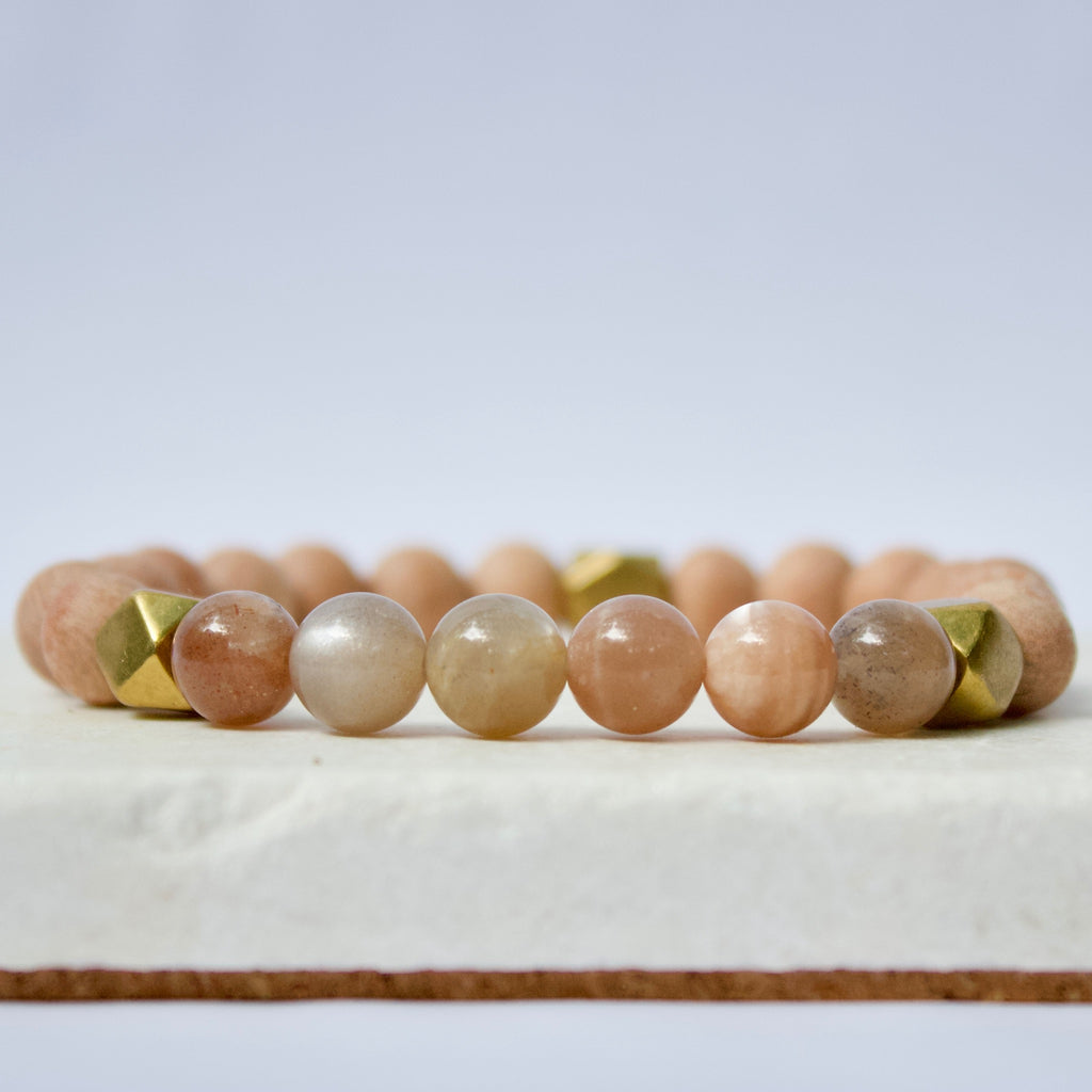 Multicolor Moonstone Gemstone Beads, Rosewood, and Brass Accent Essential Oil Diffuser Bracelet