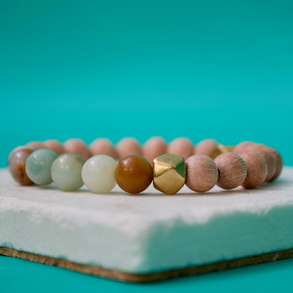 Multicolor Amazonite Gemstone Beads, Rosewood, and Brass Accent Essential Oil Diffuser Bracelet