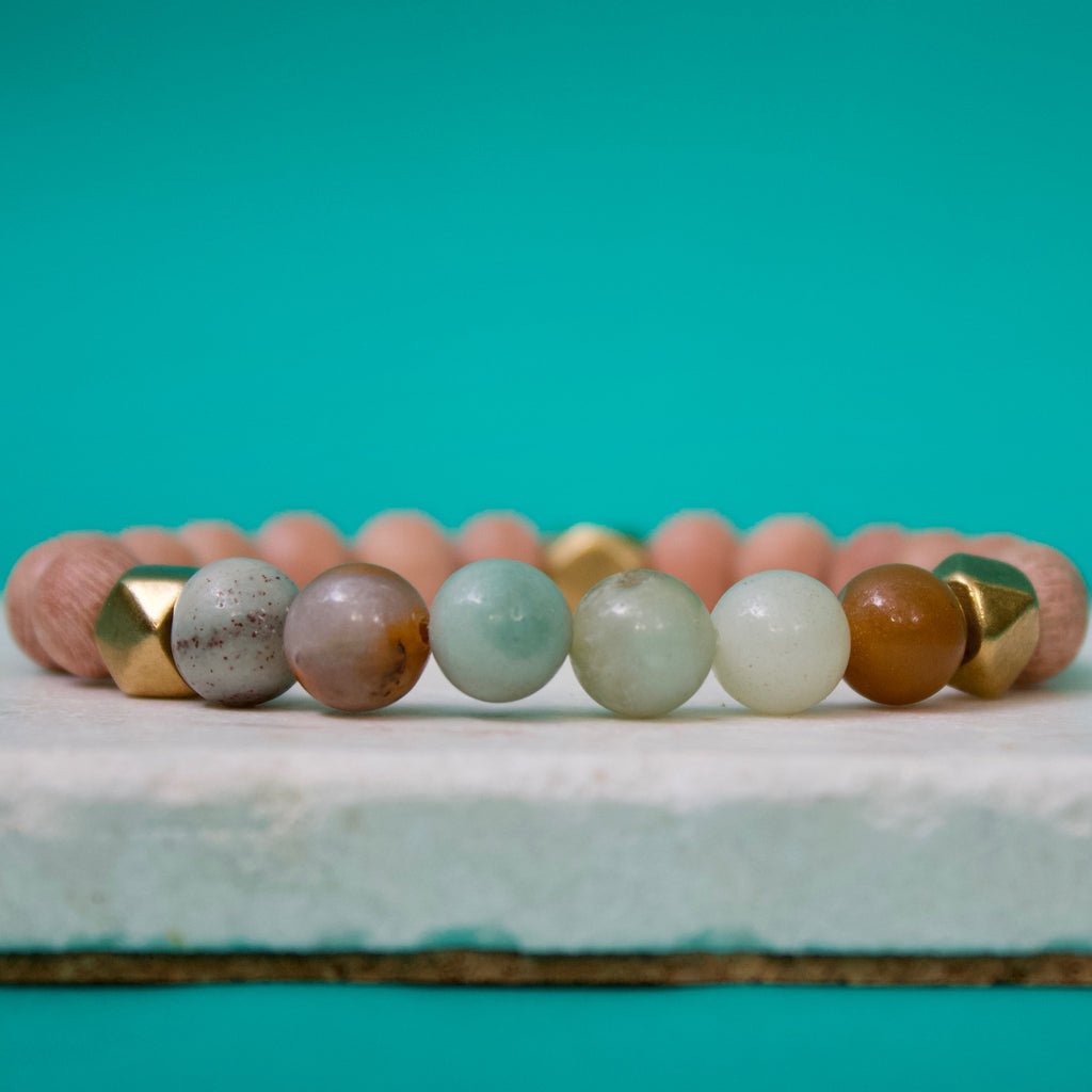 Multicolor Amazonite Gemstone Beads, Rosewood, and Brass Accent Essential Oil Diffuser Bracelet