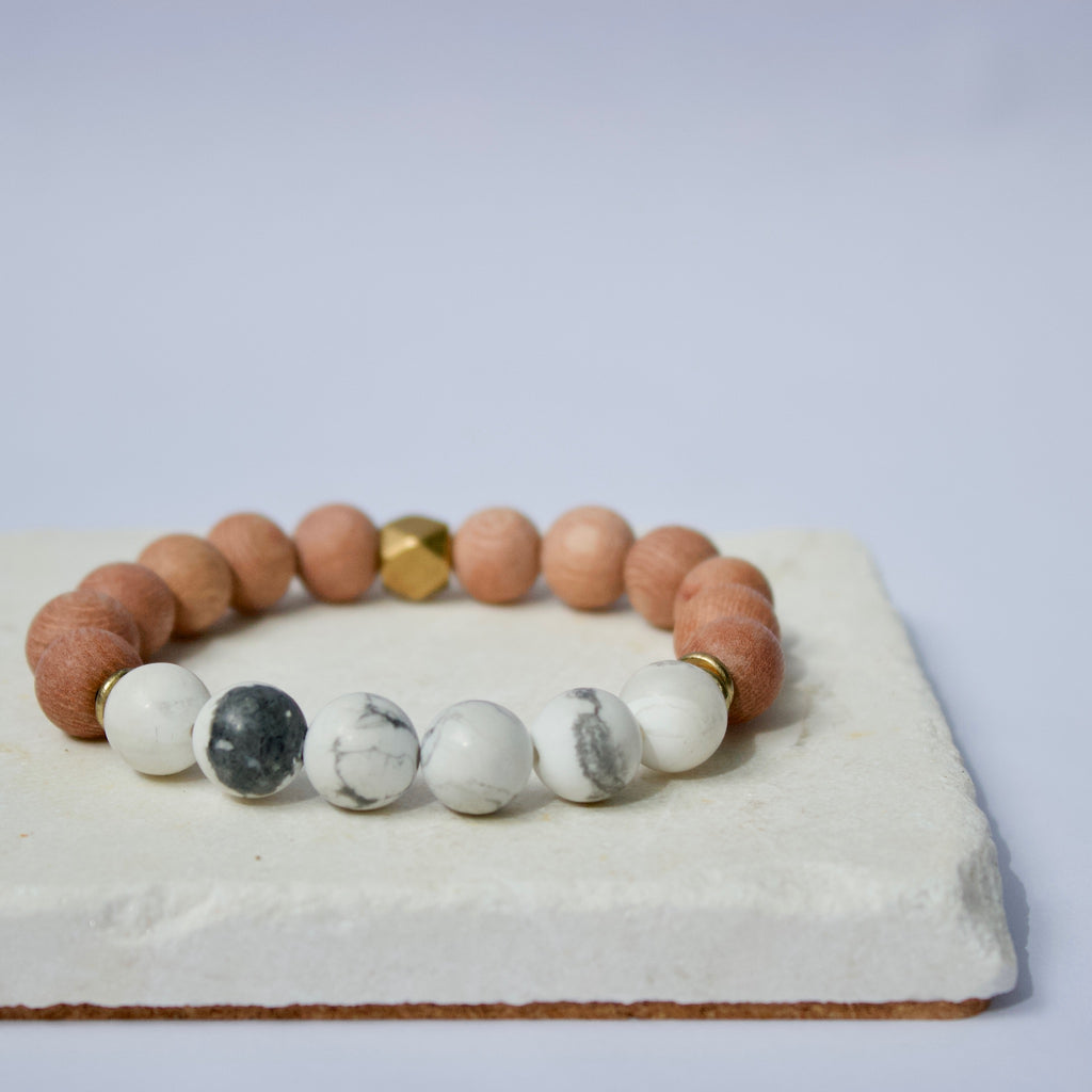 Howlite Gemstone Beads, Rosewood, and Brass Accent Essential Oil Diffuser Bracelet
