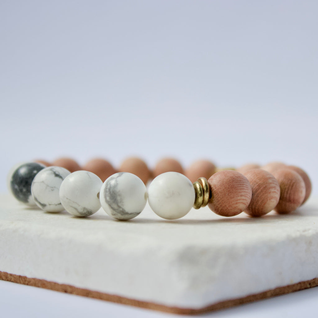 Howlite Gemstone Beads, Rosewood, and Brass Accent Essential Oil Diffuser Bracelet
