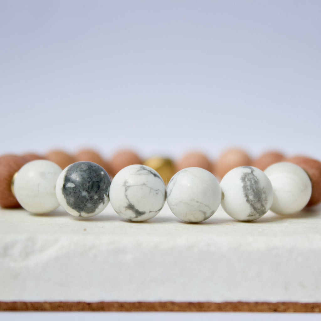 Howlite Gemstone Beads, Rosewood, and Brass Accent Essential Oil Diffuser Bracelet