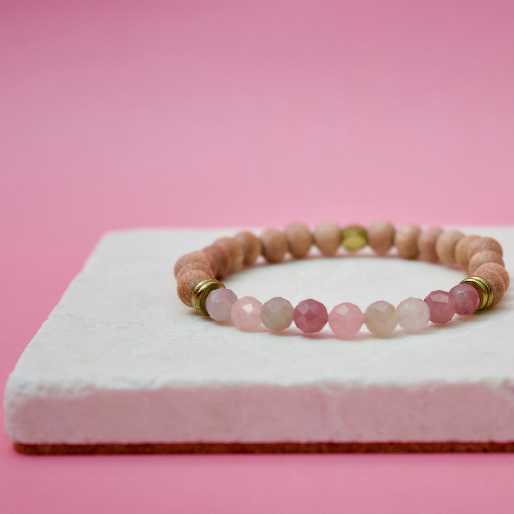 Faceted Madagascar Rose Quartz Gemstone Beads, Rosewood, and Brass Accent Essential Oil Diffuser Bracelet