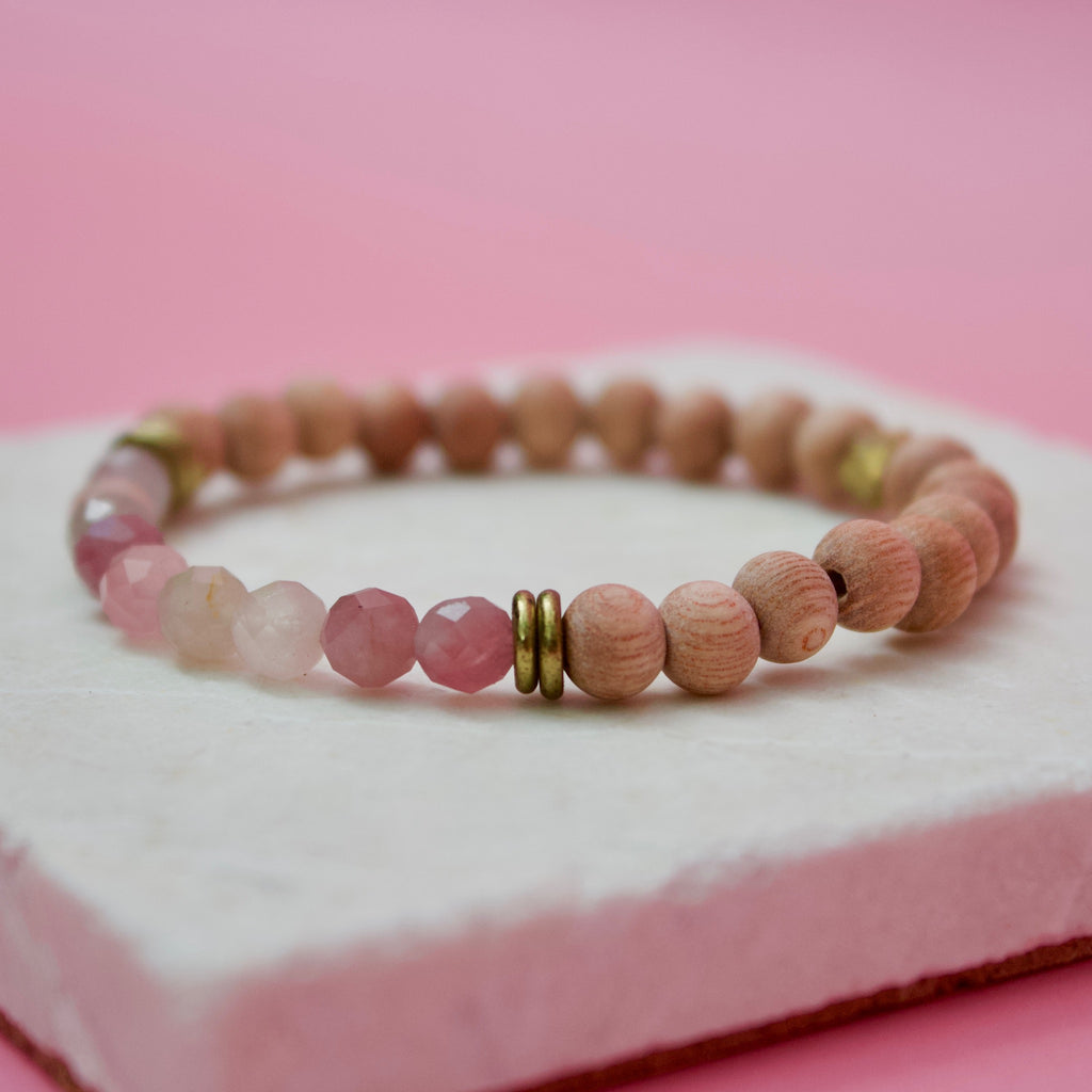 Faceted Madagascar Rose Quartz Gemstone Beads, Rosewood, and Brass Accent Essential Oil Diffuser Bracelet