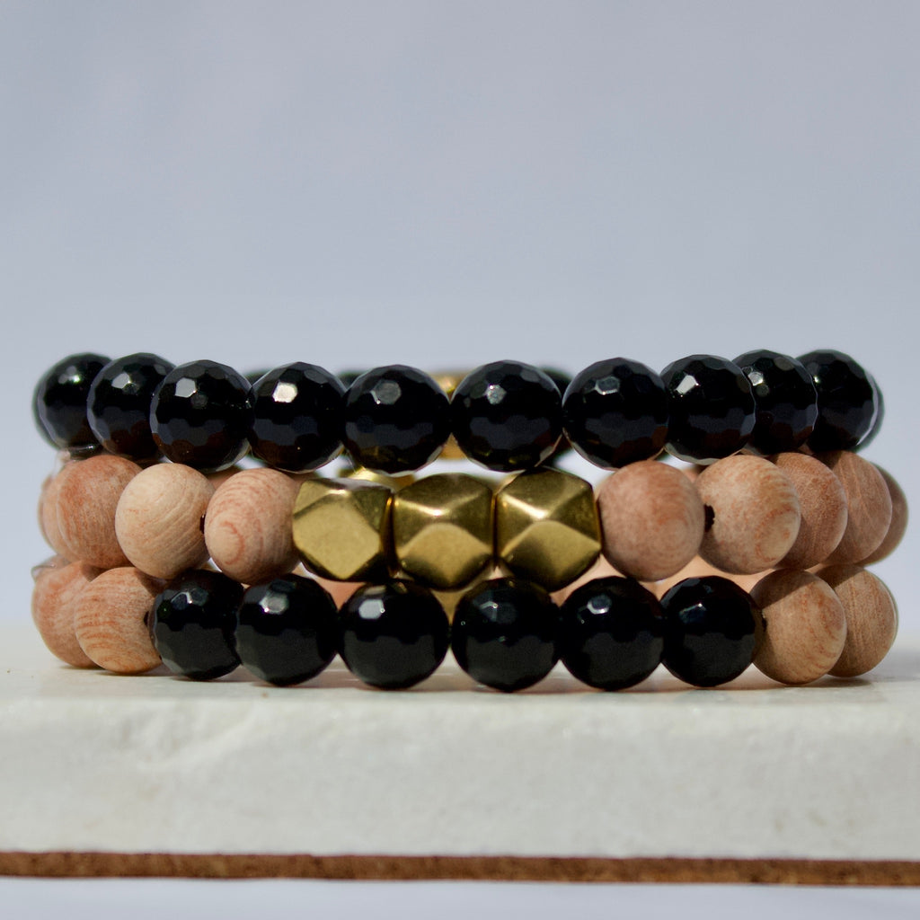 Faceted Black Onyx Gemstone Beads, Rosewood, and Brass Accent Essential Oil Diffuser Bracelets
