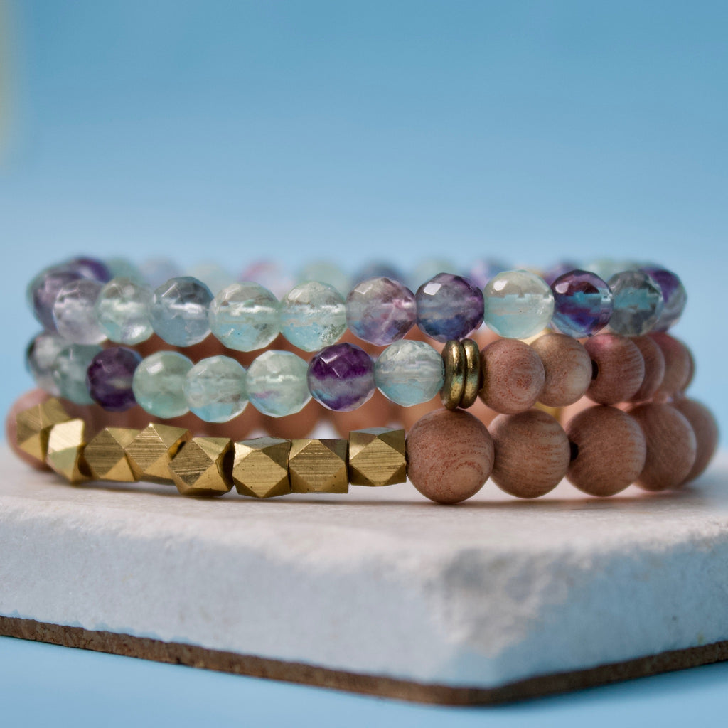 Faceted Fluorite Gemstone Beads, Rosewood, and Brass Accent Essential Oil Diffuser Bracelets