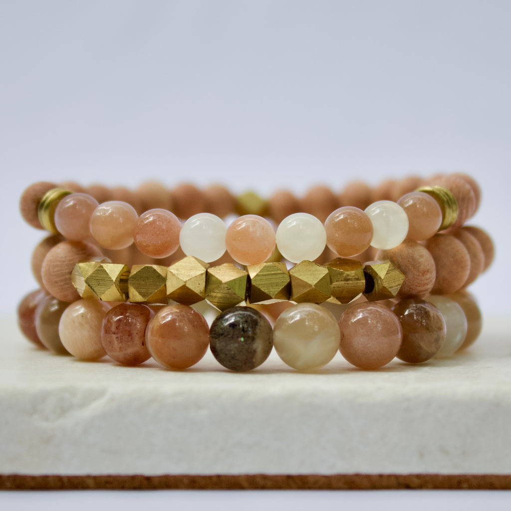 Multicolor Moonstone Gemstone Beads, Rosewood, and Brass Accent Essential Oil Diffuser Bracelets