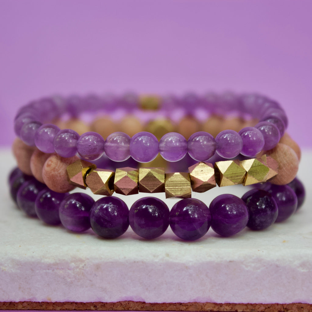 Amethyst Gemstone Beads, Rosewood, and Brass Accent Essential Oil Diffuser Bracelets